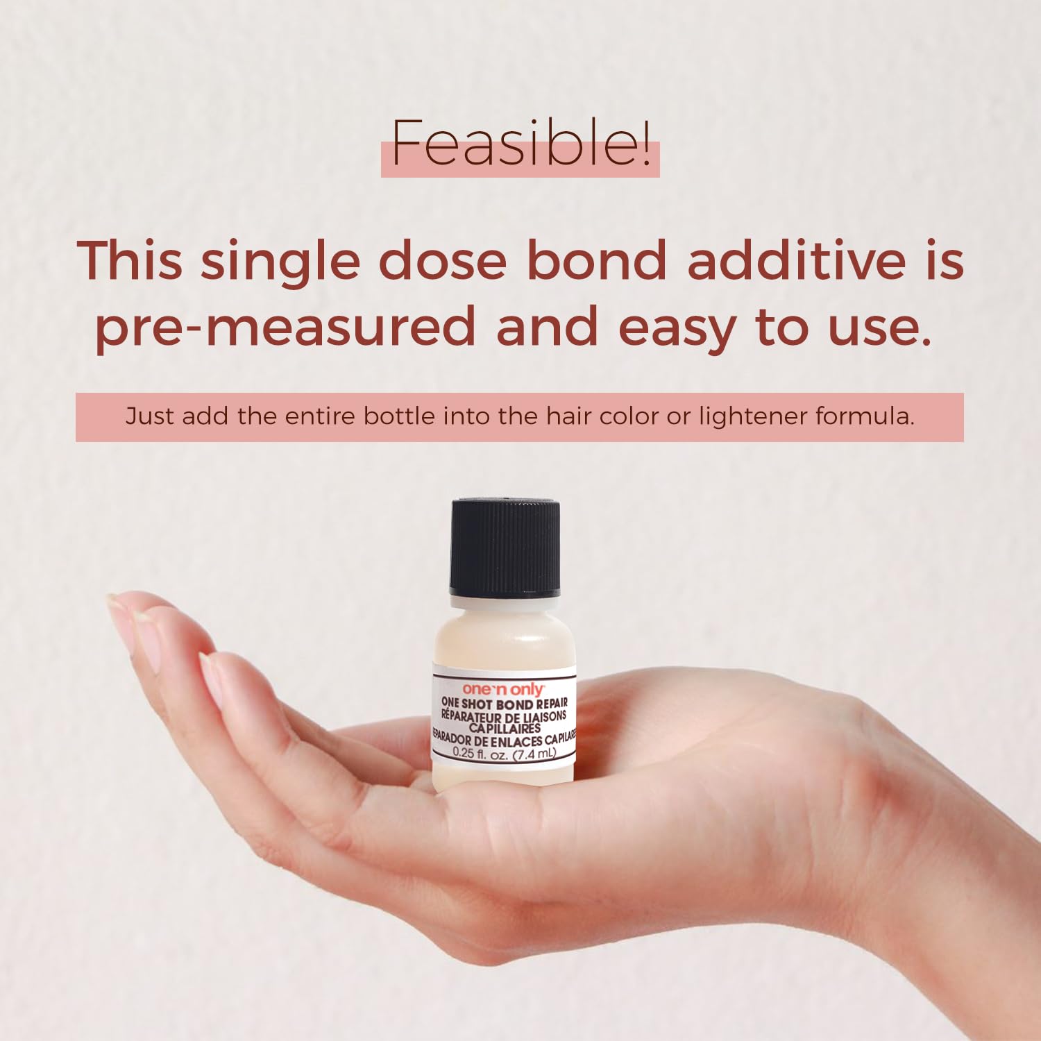 Close up of 0.25 fluid ounce One 'n Only bond repair liquid additive bottle