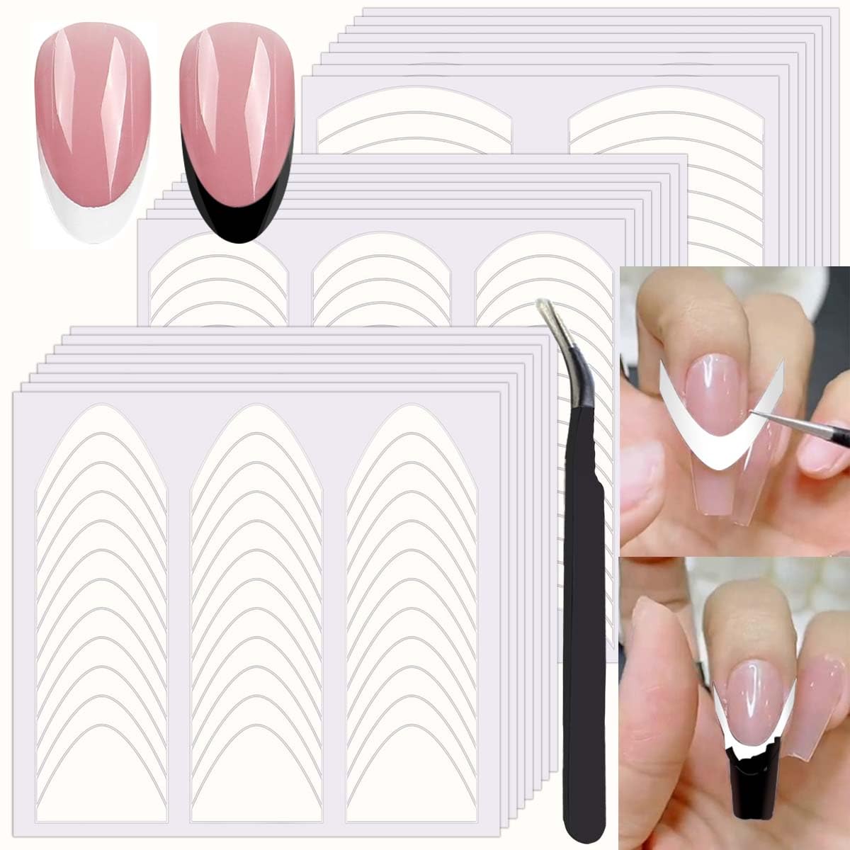 Detailed view of French tip nail guides in moon shapes