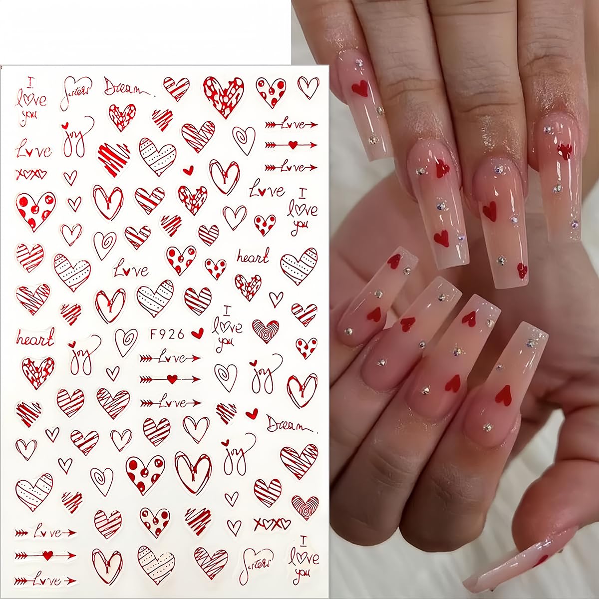 Close up of 3D red heart nail decals on display