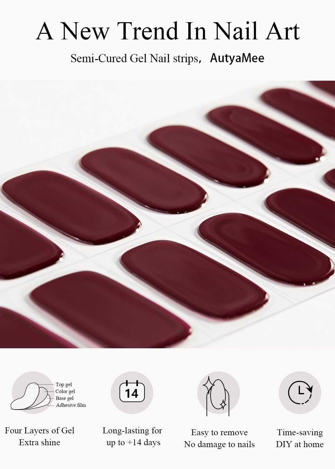Model wearing salon quality burgundy gel nail wraps