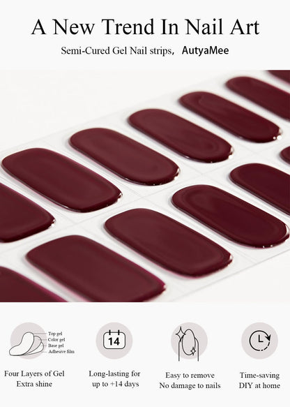 Model wearing salon quality burgundy gel nail wraps