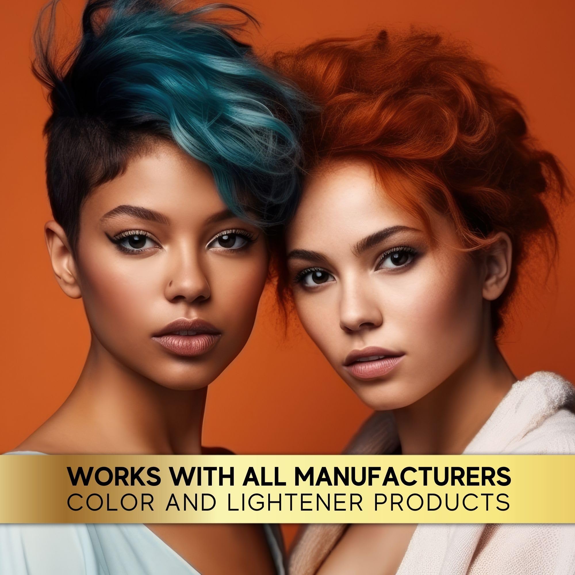 Close up of PowerTools TCA professional hair additive bottle detailing its universal compatibility with developer and bleach