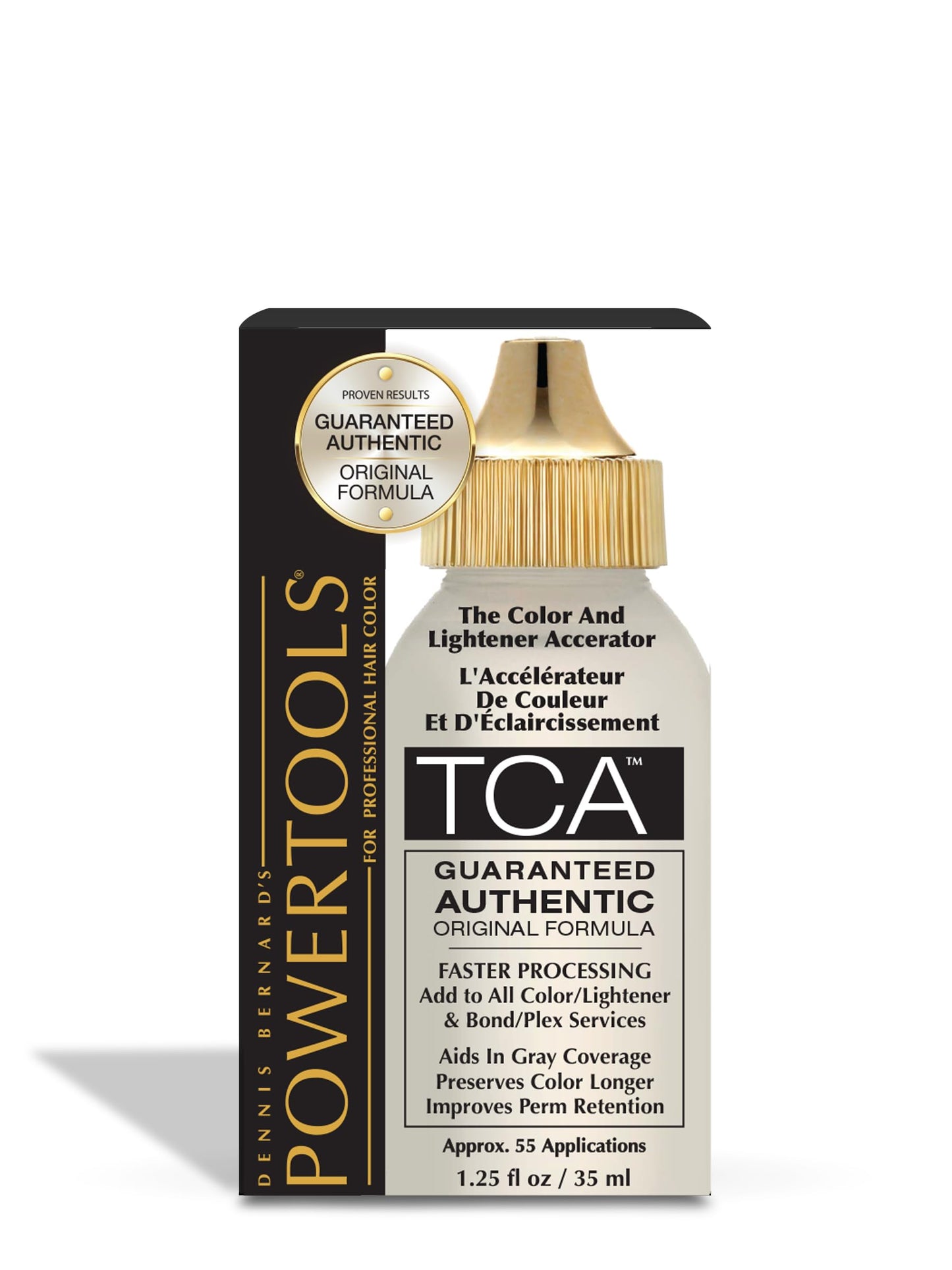 PowerTools hair color accelerator packaging demonstrating the solution used for speeding up grey hair coverage and retention