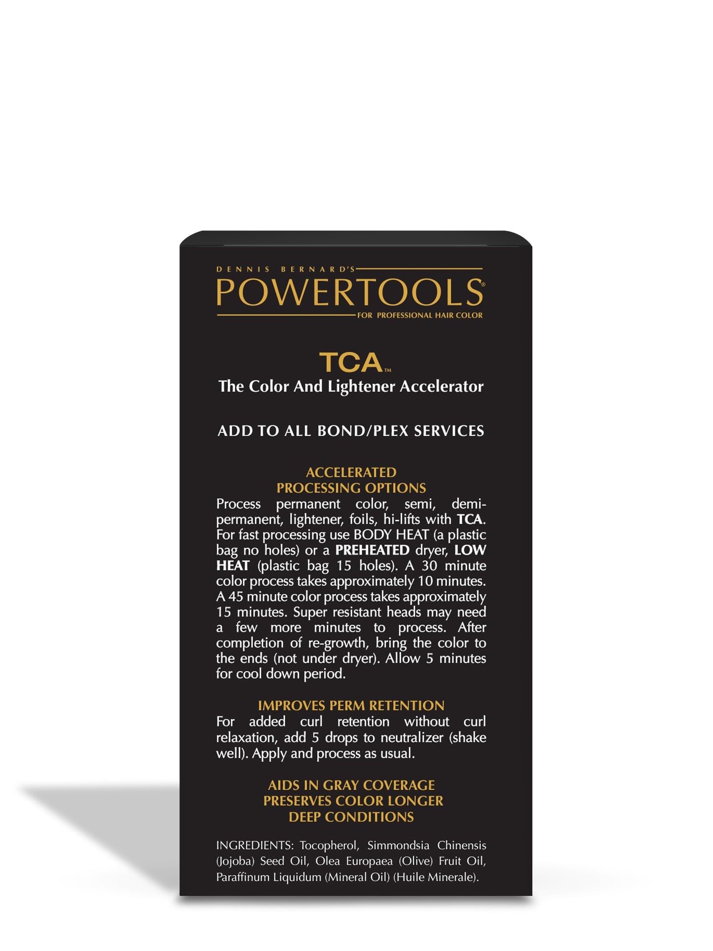 Side profile of PowerTools TCA thirty-five milliliter fluid container displaying detailed instructions for salon heat application