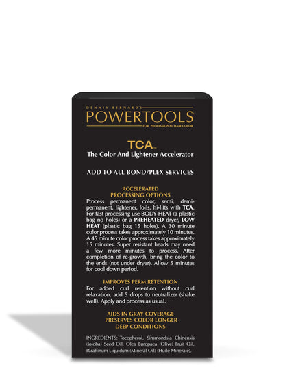 Side profile of PowerTools TCA thirty-five milliliter fluid container displaying detailed instructions for salon heat application