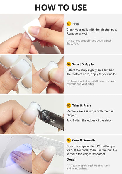 Instructions for applying AutyaMee gel nail strips with UV lamp