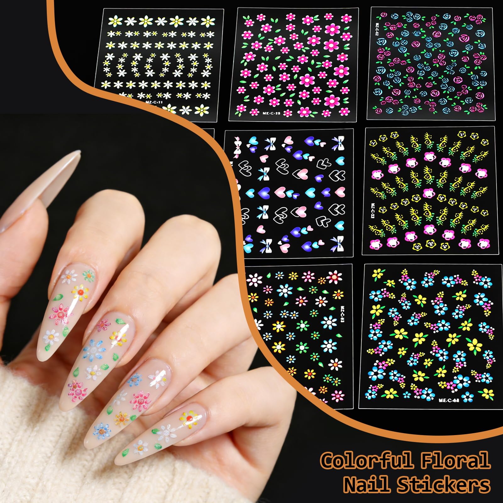 Detailed view of metallic and colorful nail design decals