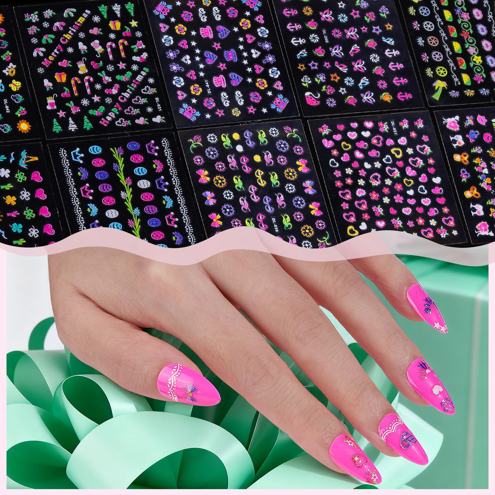 Assorted fruit and geometric nail art sticker patterns
