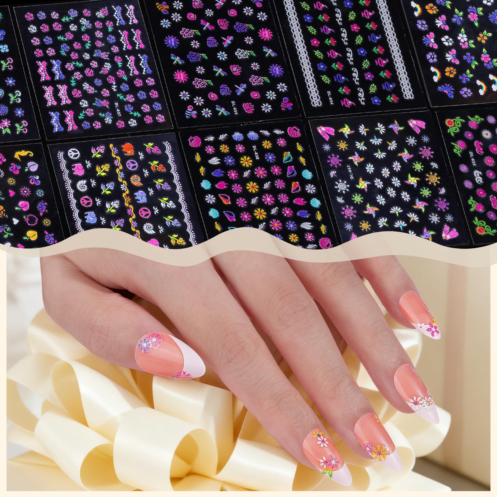 Girl applying self-adhesive nail art stickers at home