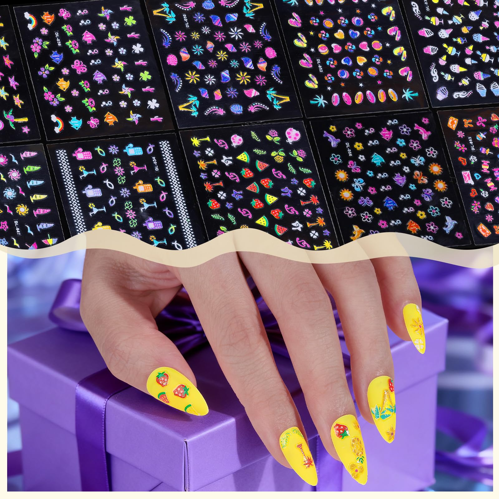 Detailed view of glitter effect on 3D nail decals