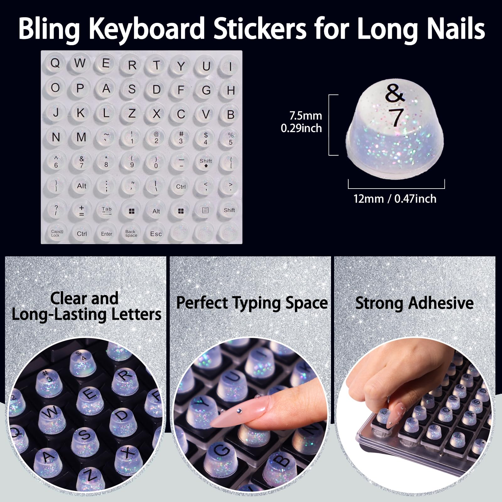 Raised button nail art typing keycaps close up