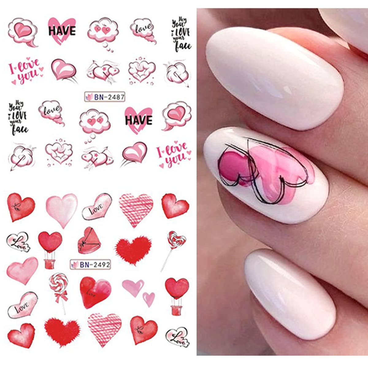 Variety of 12 Valentine themed nail decal sheets by Mangoit