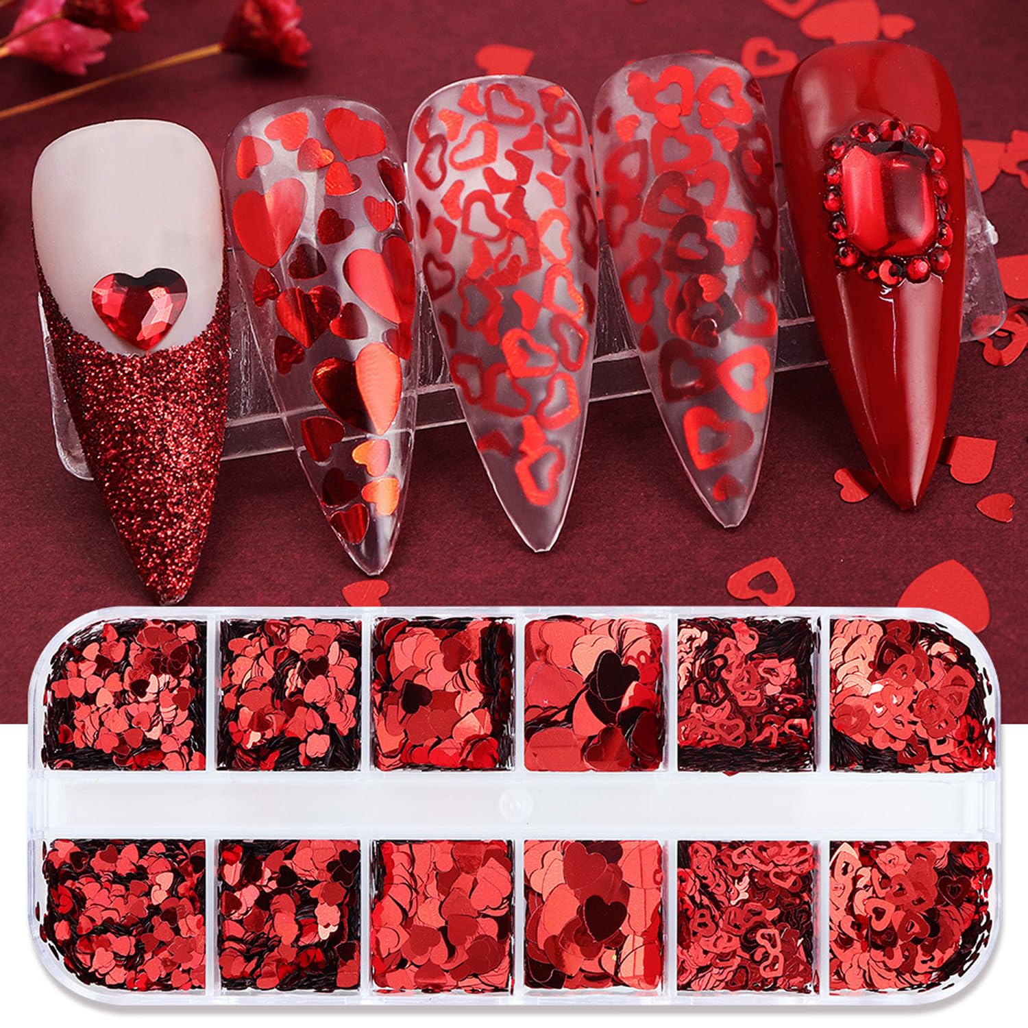 Close up of red heart sequins in 12 grid container