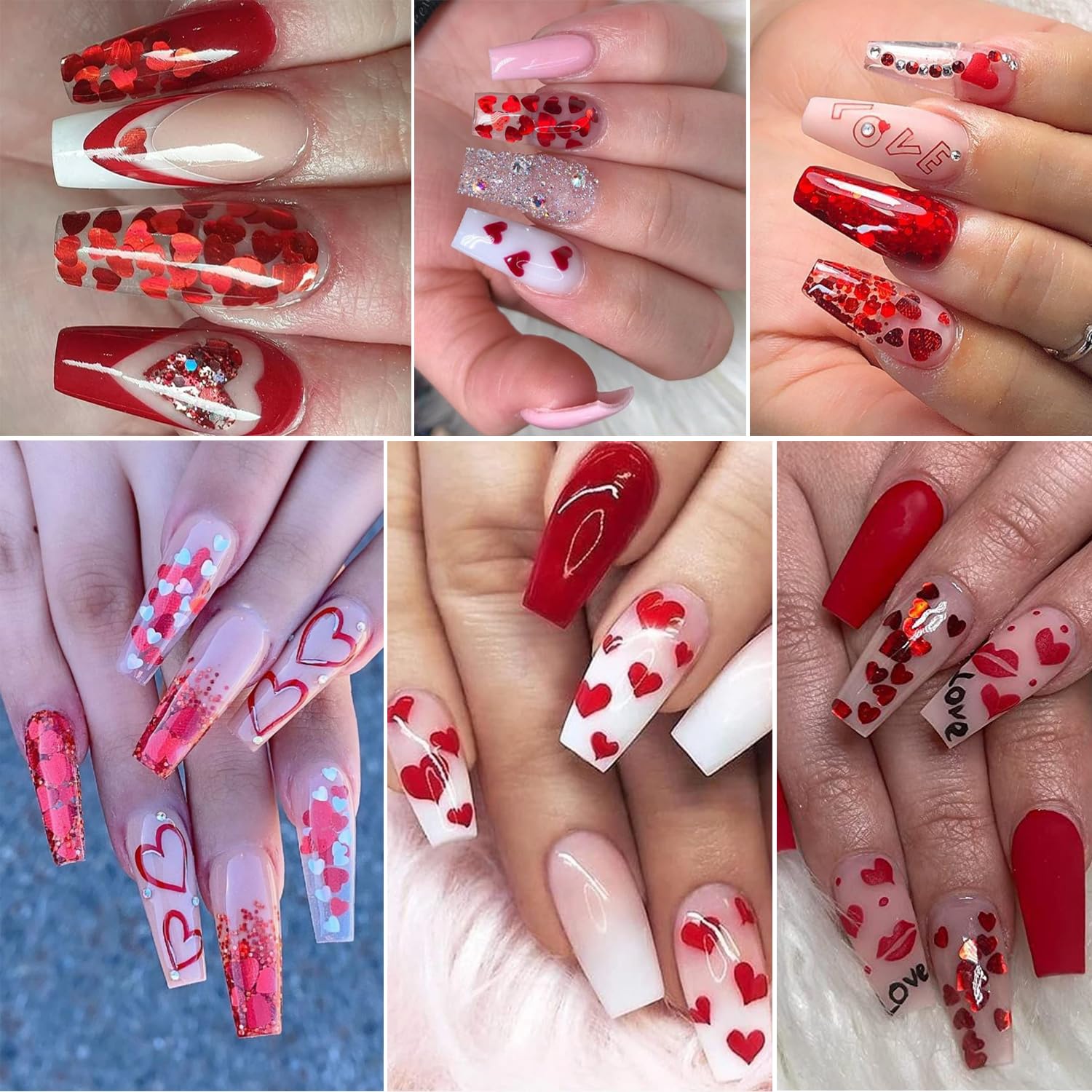 Different sizes of red holographic heart nail flakes