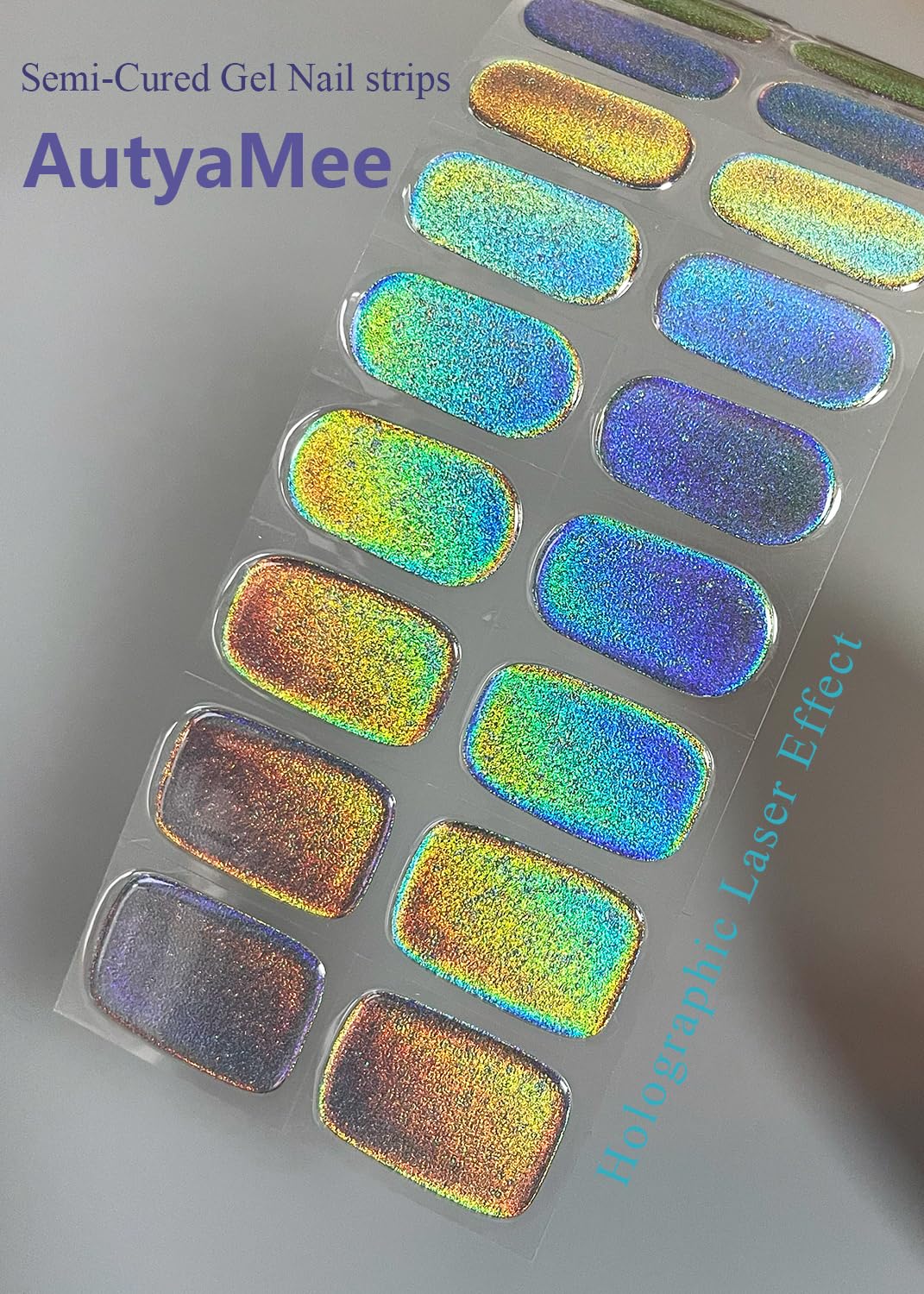 Close up of laser rainbow effect on gel nail stickers