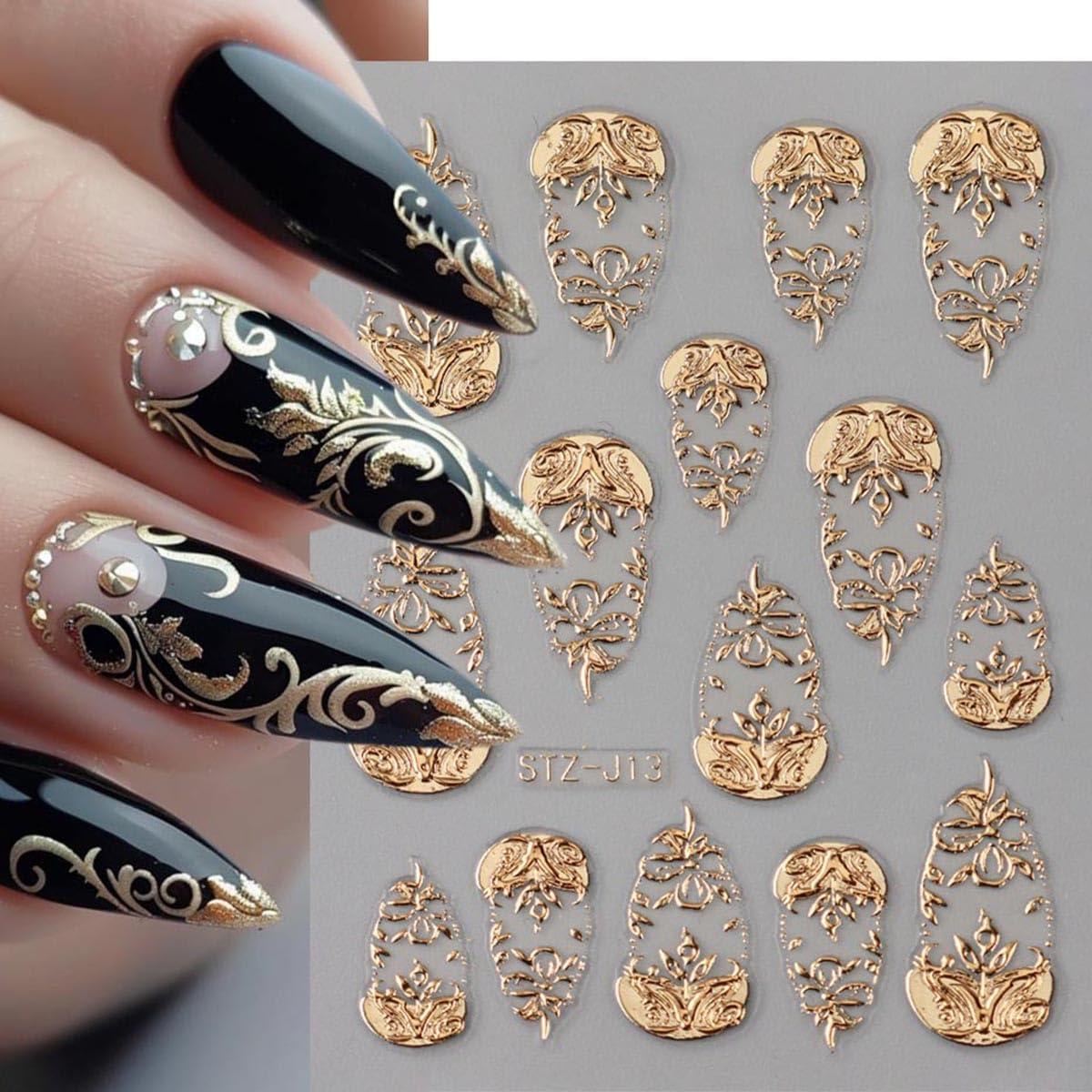 Close up of 3D embossed gold foil nail stickers with floral patterns
