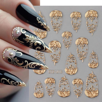Close up of 3D embossed gold foil nail stickers with floral patterns