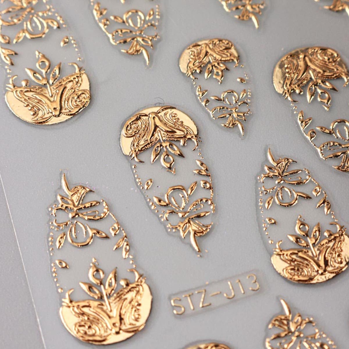 Three sheets of luxury gold foil leaf nail decals for DIY manicure