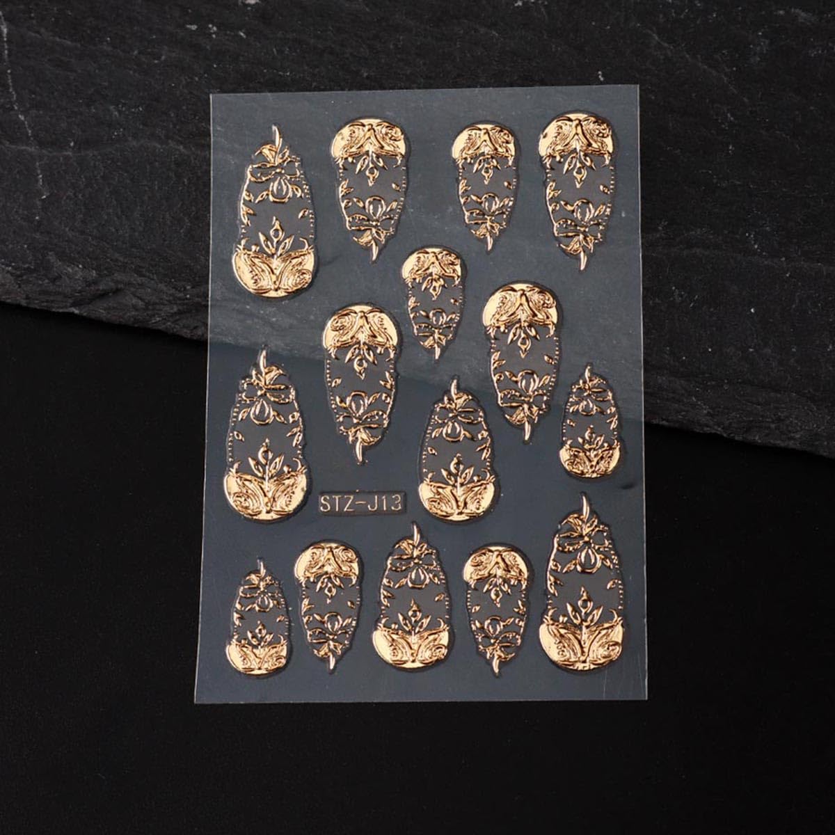 Summer nail art design featuring Fbabfbuo gold metallic leaf stickers