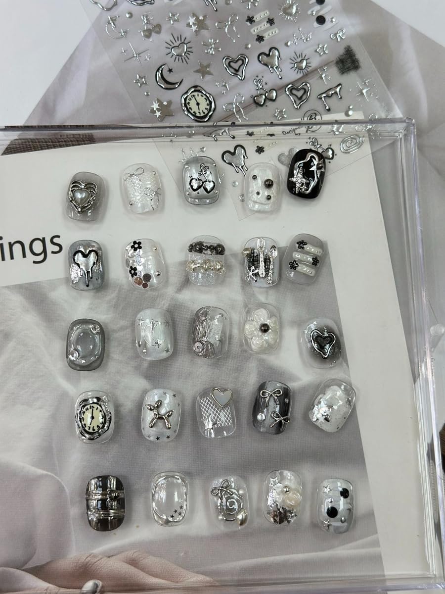 Self-adhesive silver heart and star nail charms sheet