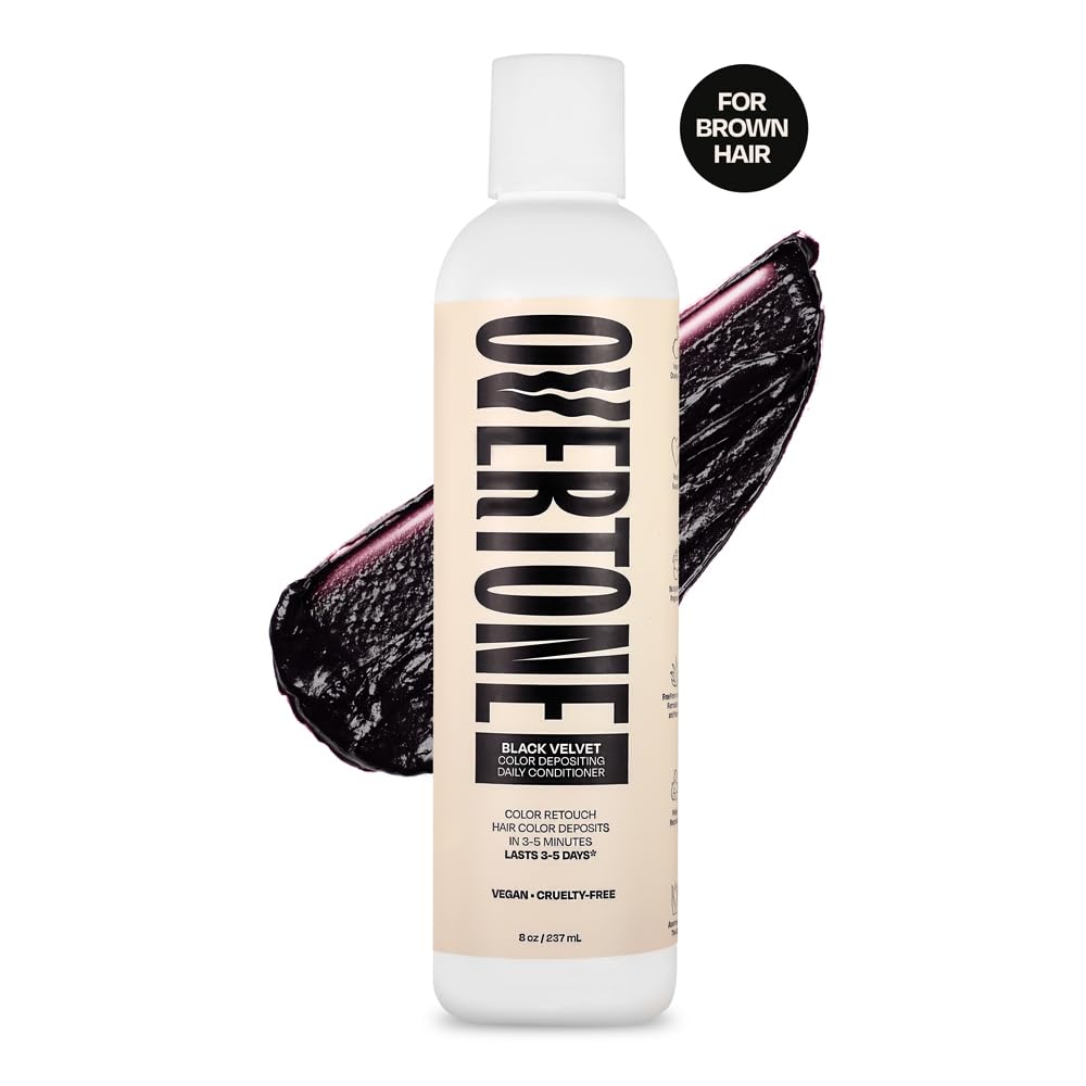 Overtone semi permanent hair color daily conditioner bottle label details highlighting vegan and cruelty free benefits.
