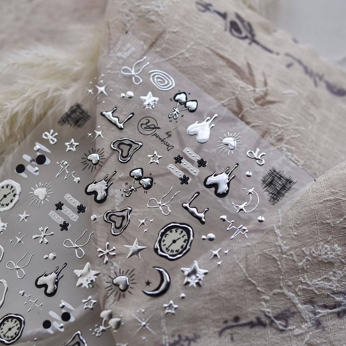 Detailed texture of 5D embossed metallic nail art stickers