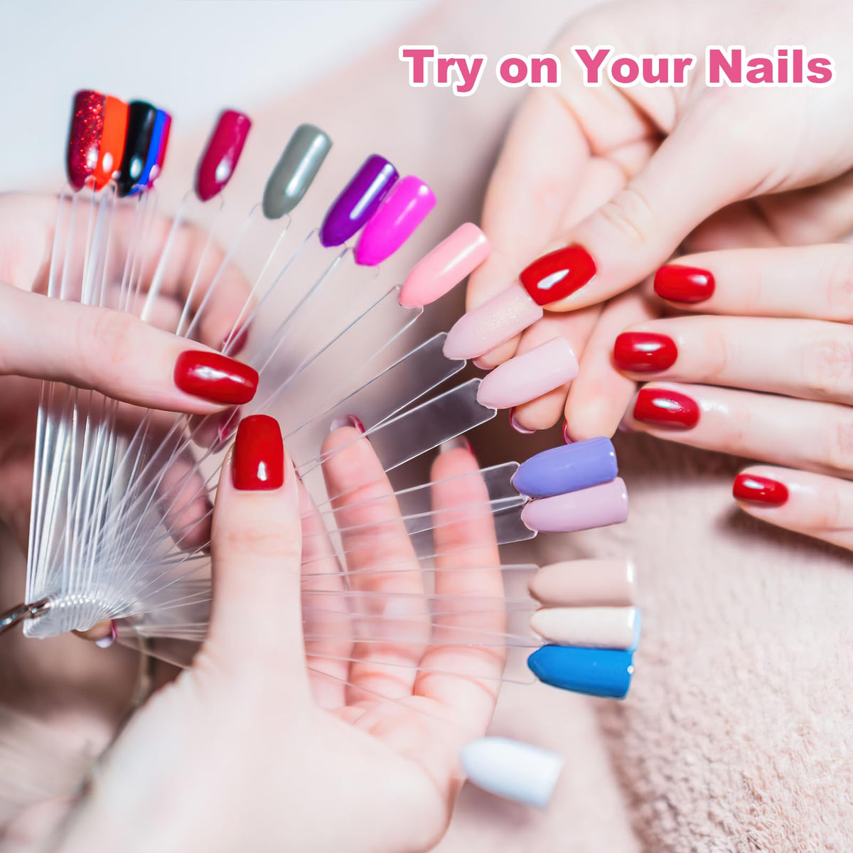 Professional salon nail tech showcasing gel polish shades on acrylic sticks