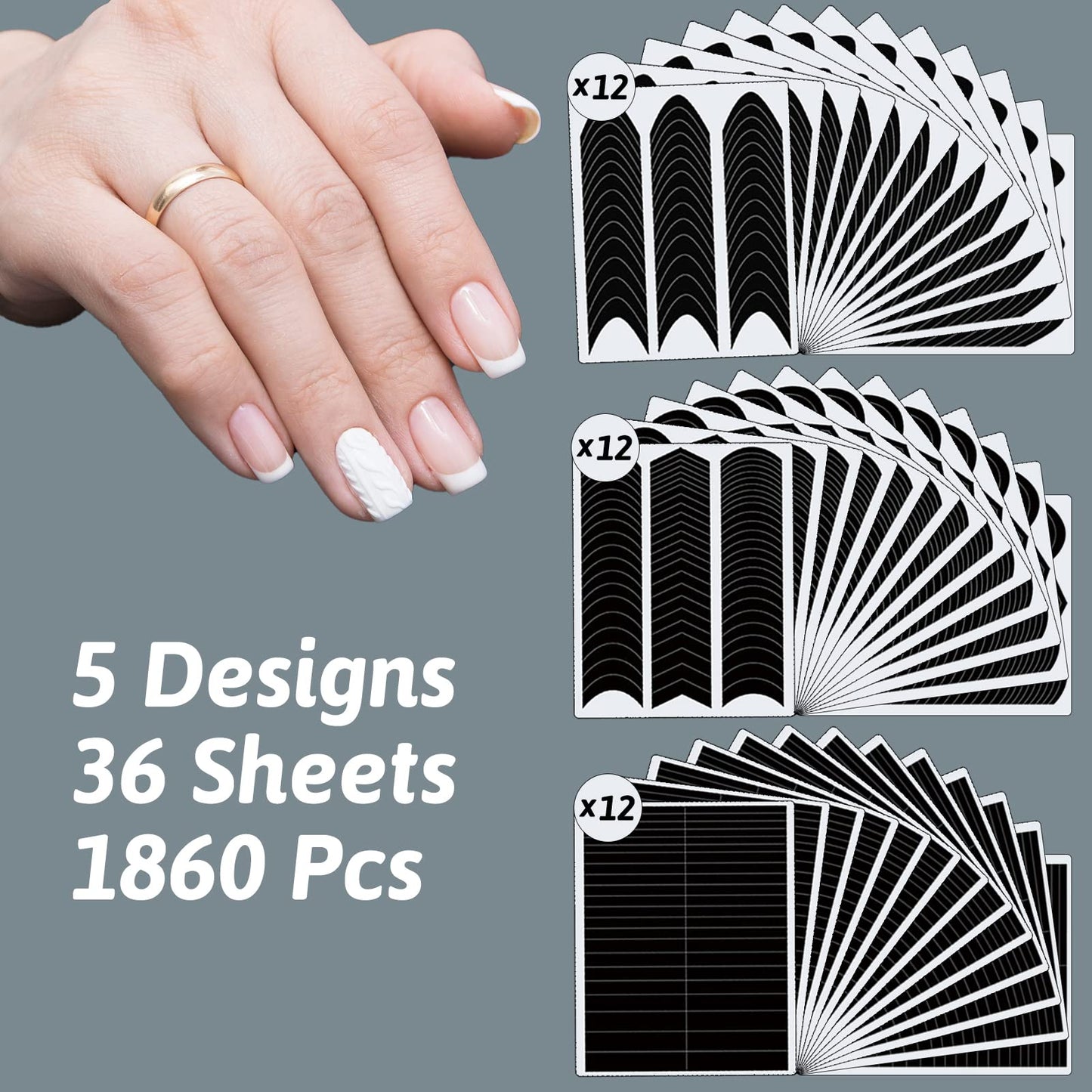 Close up of diverse V-shaped and moon-shaped manicure stencil stickers.