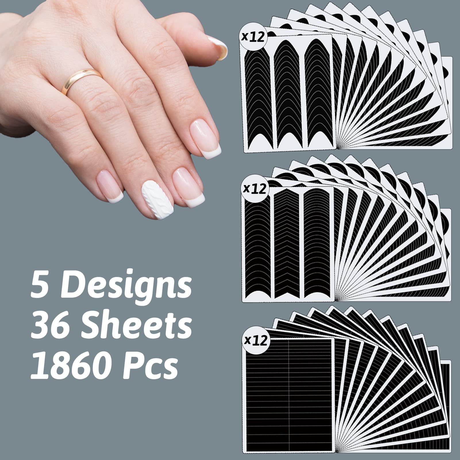 Close up of diverse V-shaped and moon-shaped manicure stencil stickers.