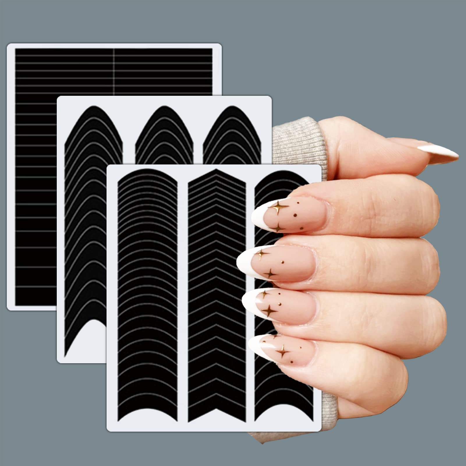 Hands demonstrating the application of French tip vinyl guide stickers.