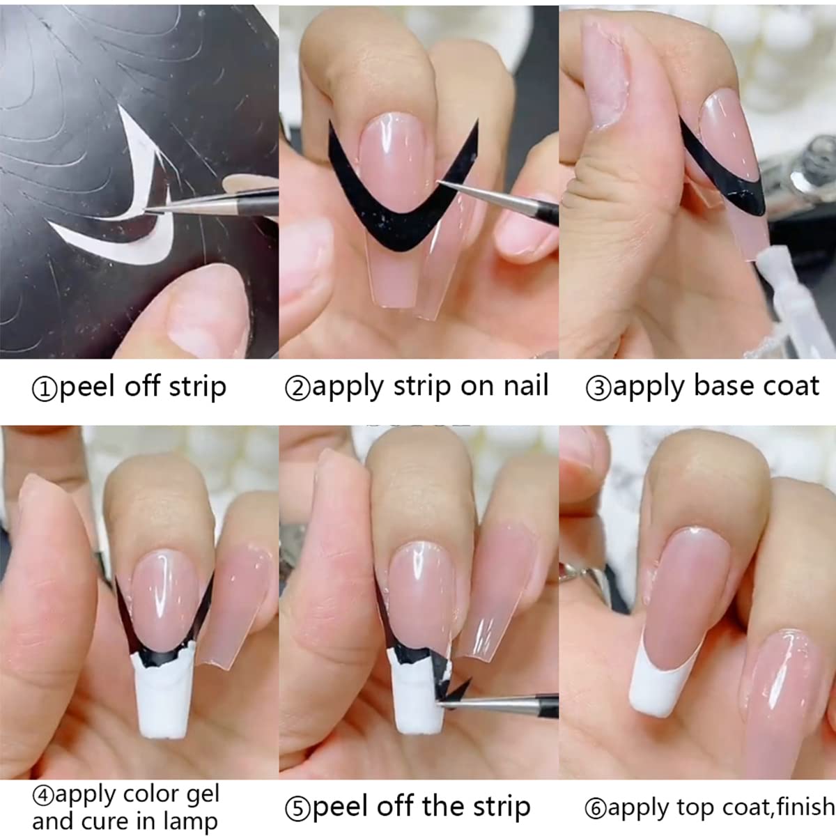 Close up of self-adhesive French manicure guides on nail