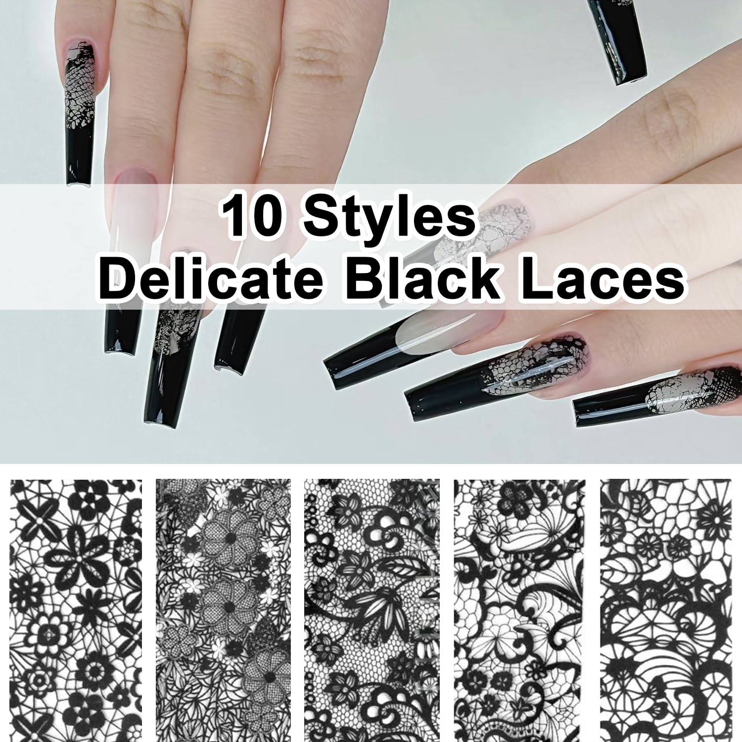 Assorted black and white floral nail foil transfer designs