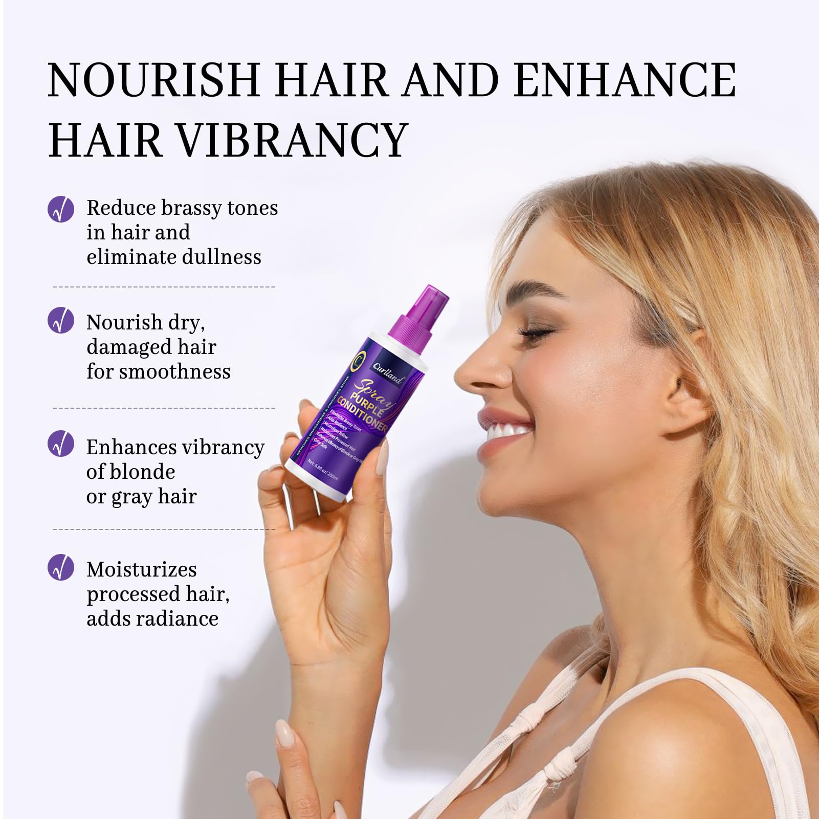 Lightweight non sticky purple leave in conditioner mist for damaged strands