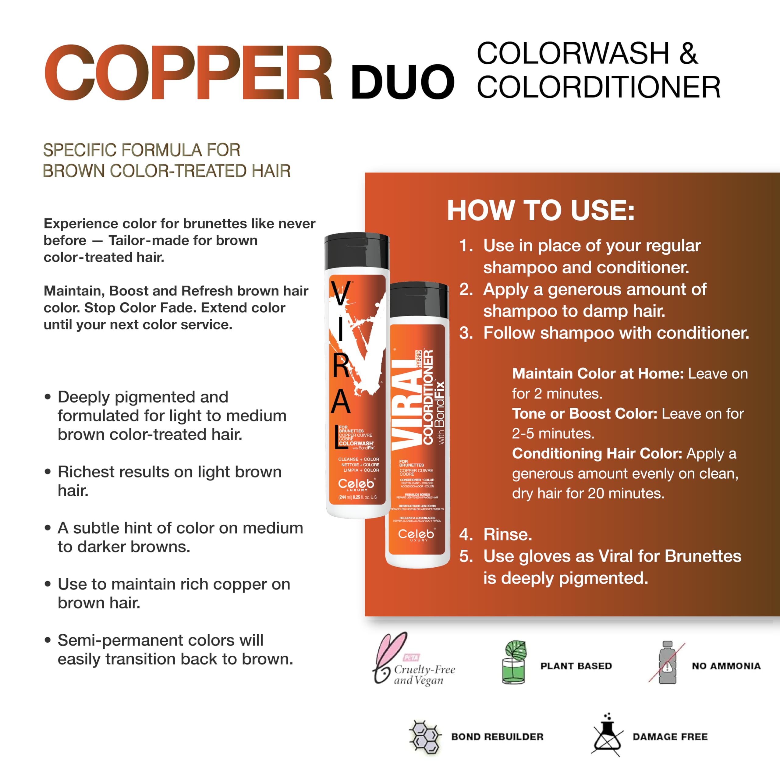 Imported USA beauty packaging of Celeb Luxury Viral Copper shampoo and conditioner showing BondFix technology details for damaged hair repair.
