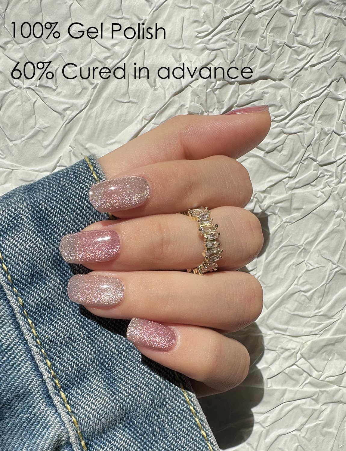 Model wearing Wahrshei nude cat eye semi cured gel nails
