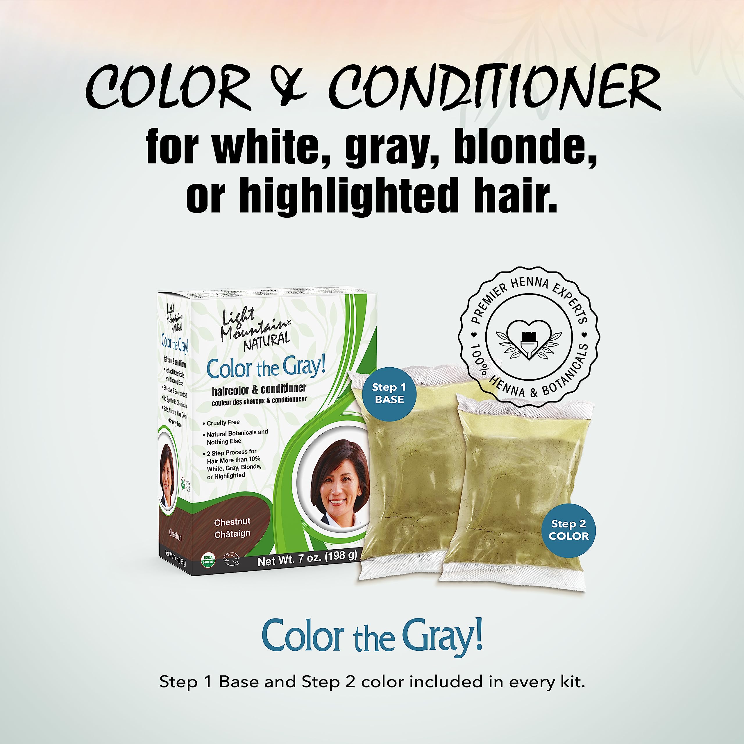 Light Mountain Natural chemical free chestnut hair dye box contents and kit
