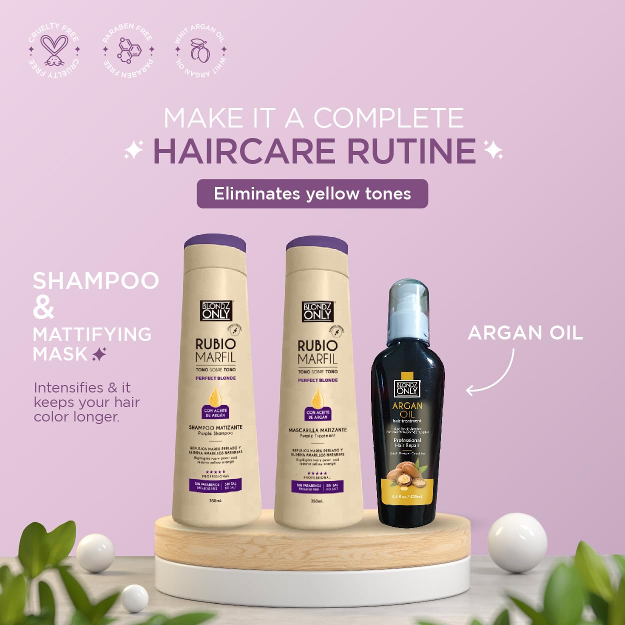 Blondz Only Kit 3 pieces showing shampoo mask and argan oil package contents