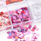 Multicolor laser sparkle flakes inside a transparent 12 grid nail art container