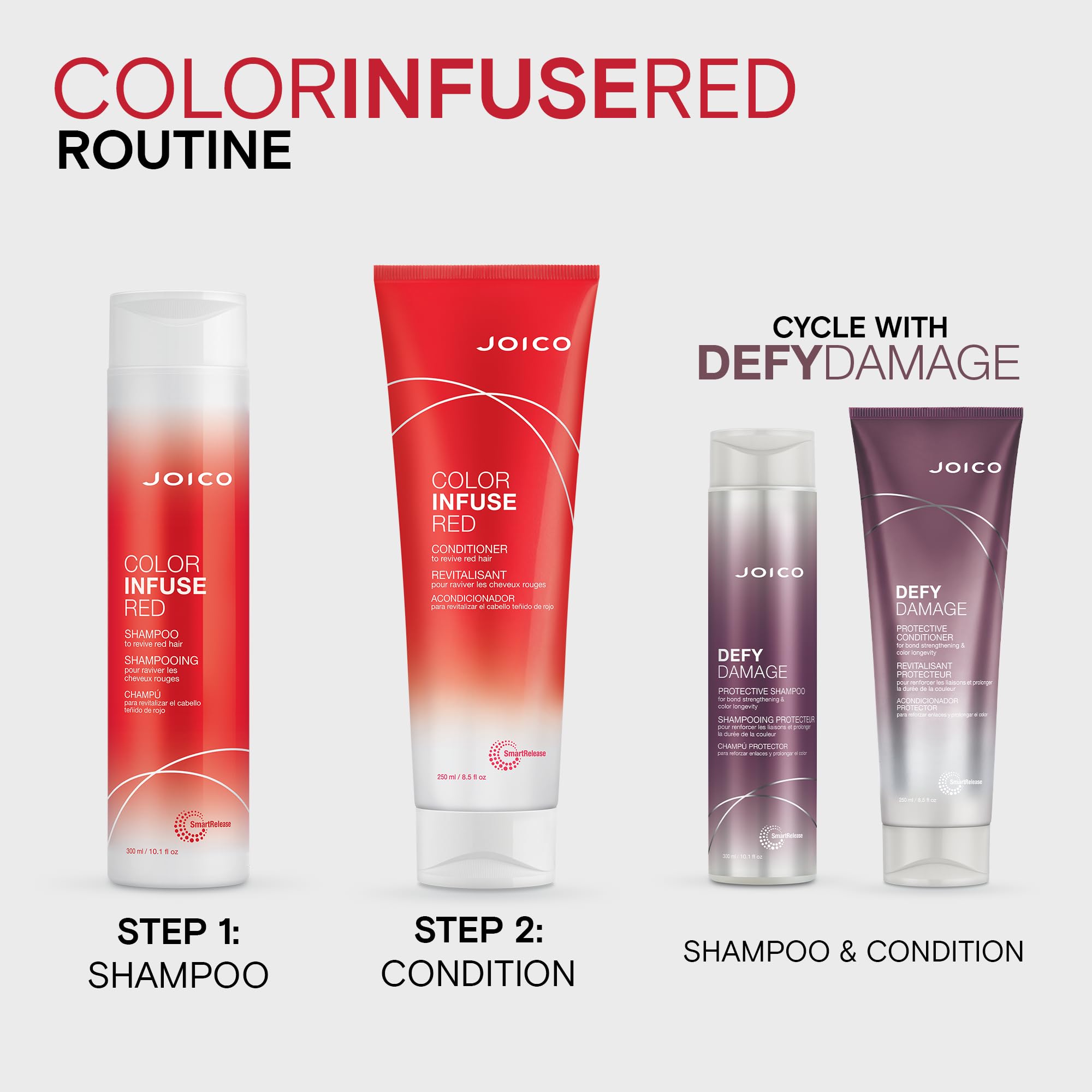 Joico professional salon series color infuse red formula bottle showing multi spectrum defense complex