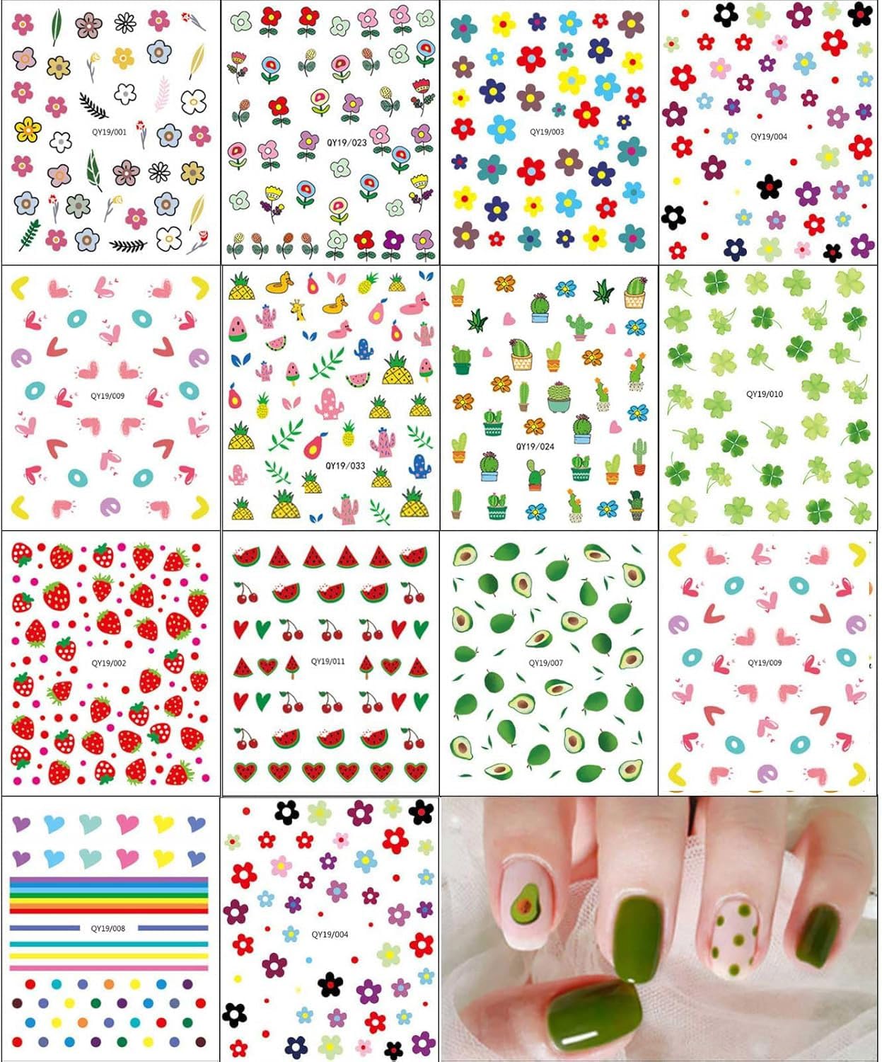 Assorted rainbow and fruit nail decal designs on sheets