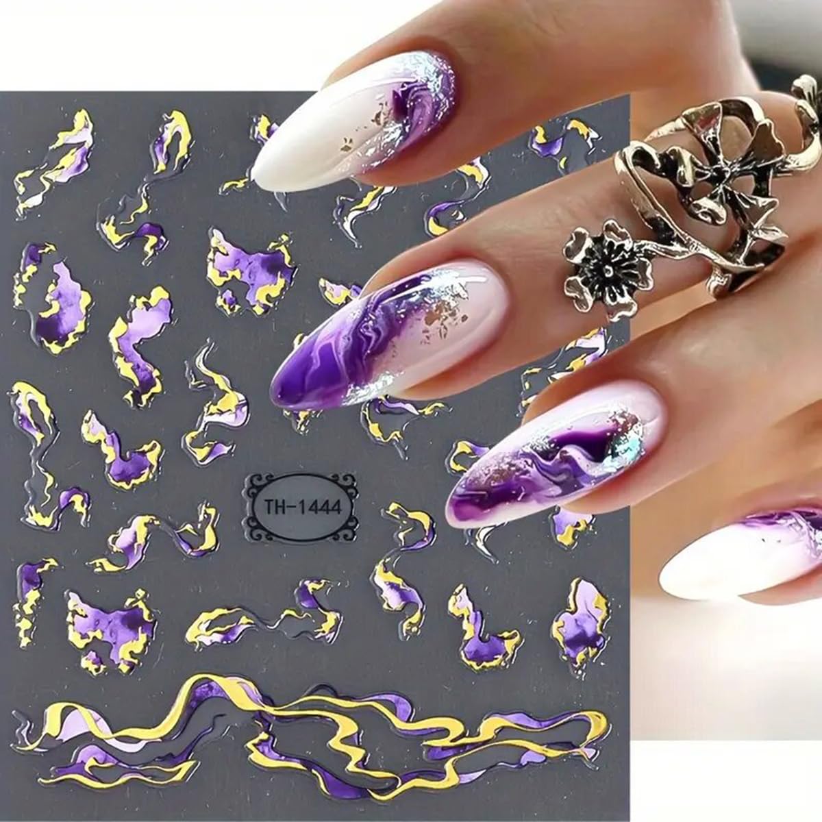 Application example of marble wave nail decals on fingernails
