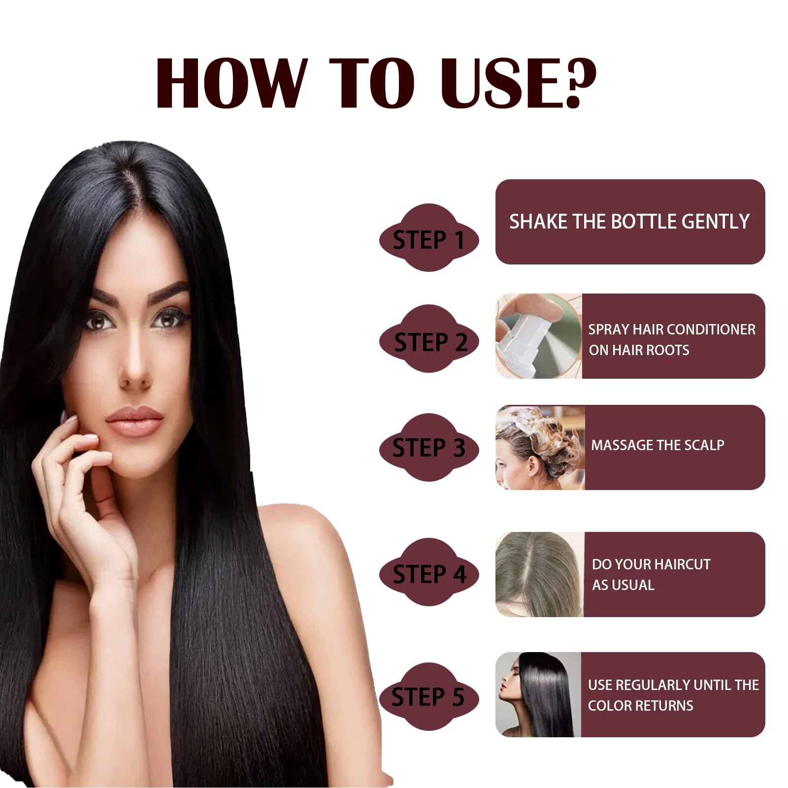 Application process demonstrating how to spray the hair darkening conditioner from 10 centimeters away.