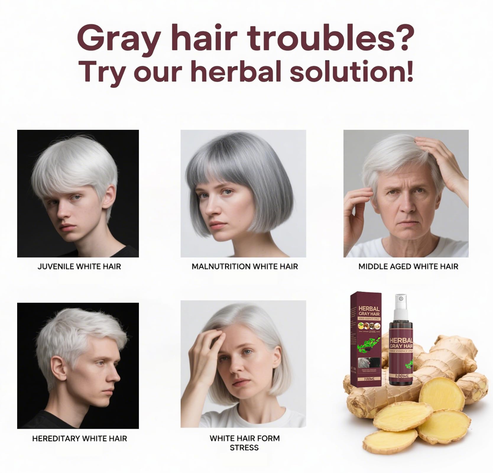 Before and after visualization of gradual gray hair darkening over a period of four weeks.