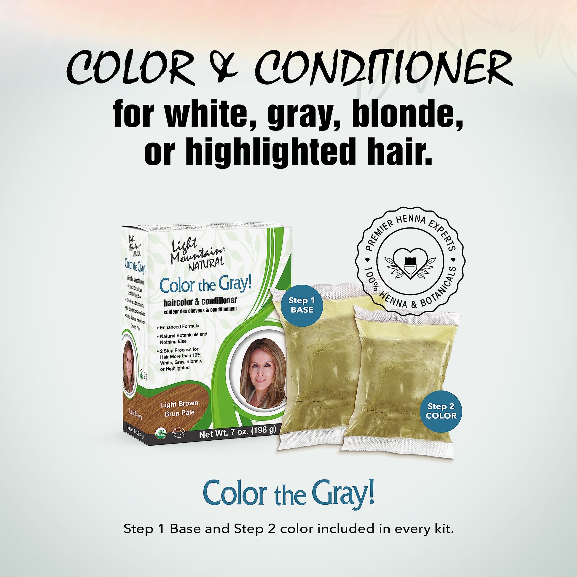 Light Mountain chemical free light brown hair dye kit packaging details and instructions