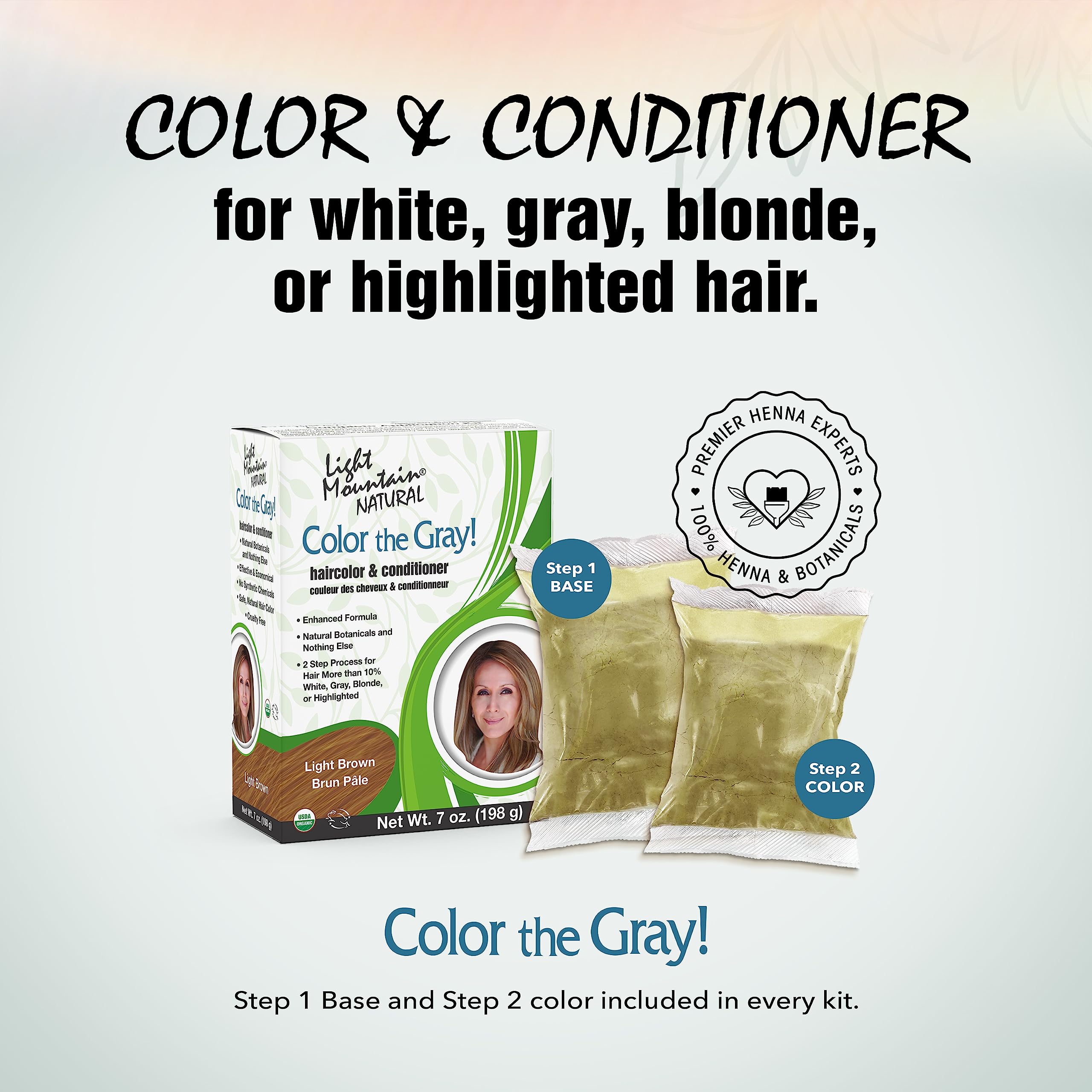 Light Mountain chemical free light brown hair dye kit packaging details and instructions