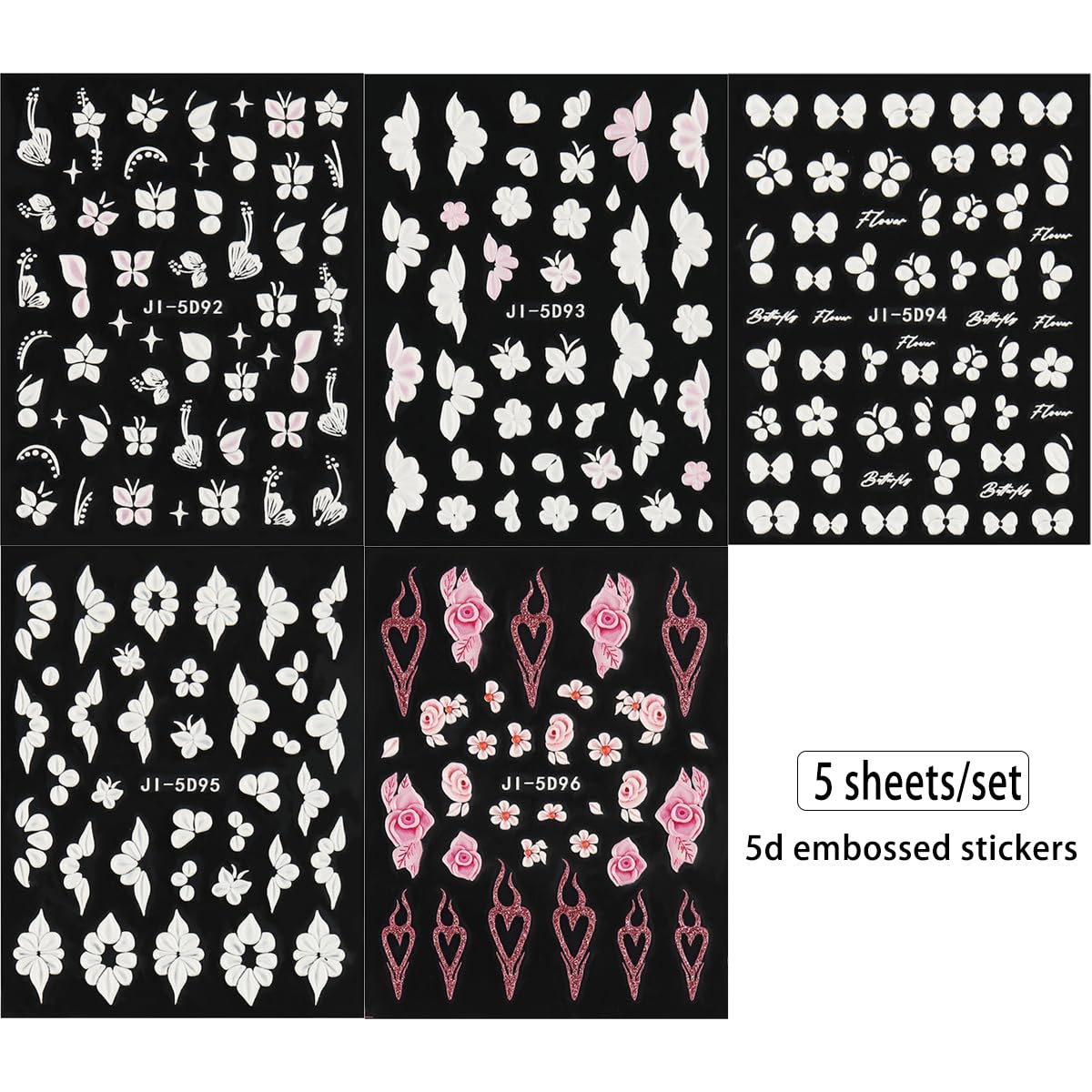 Close up view of 5D white floral nail decals