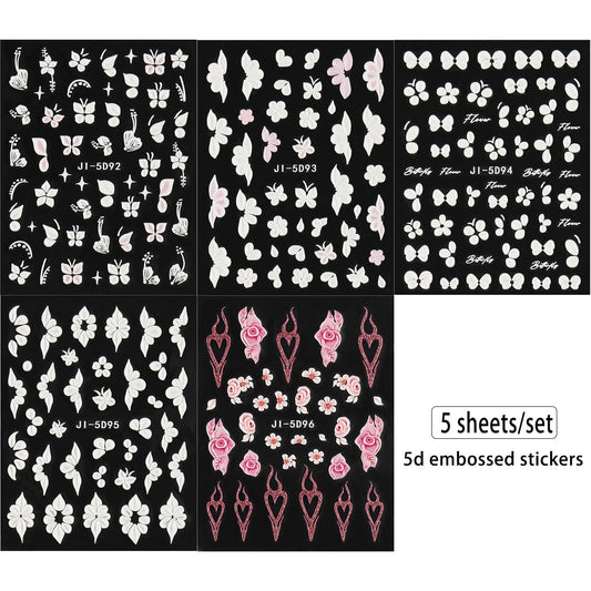 Close up view of 5D white floral nail decals