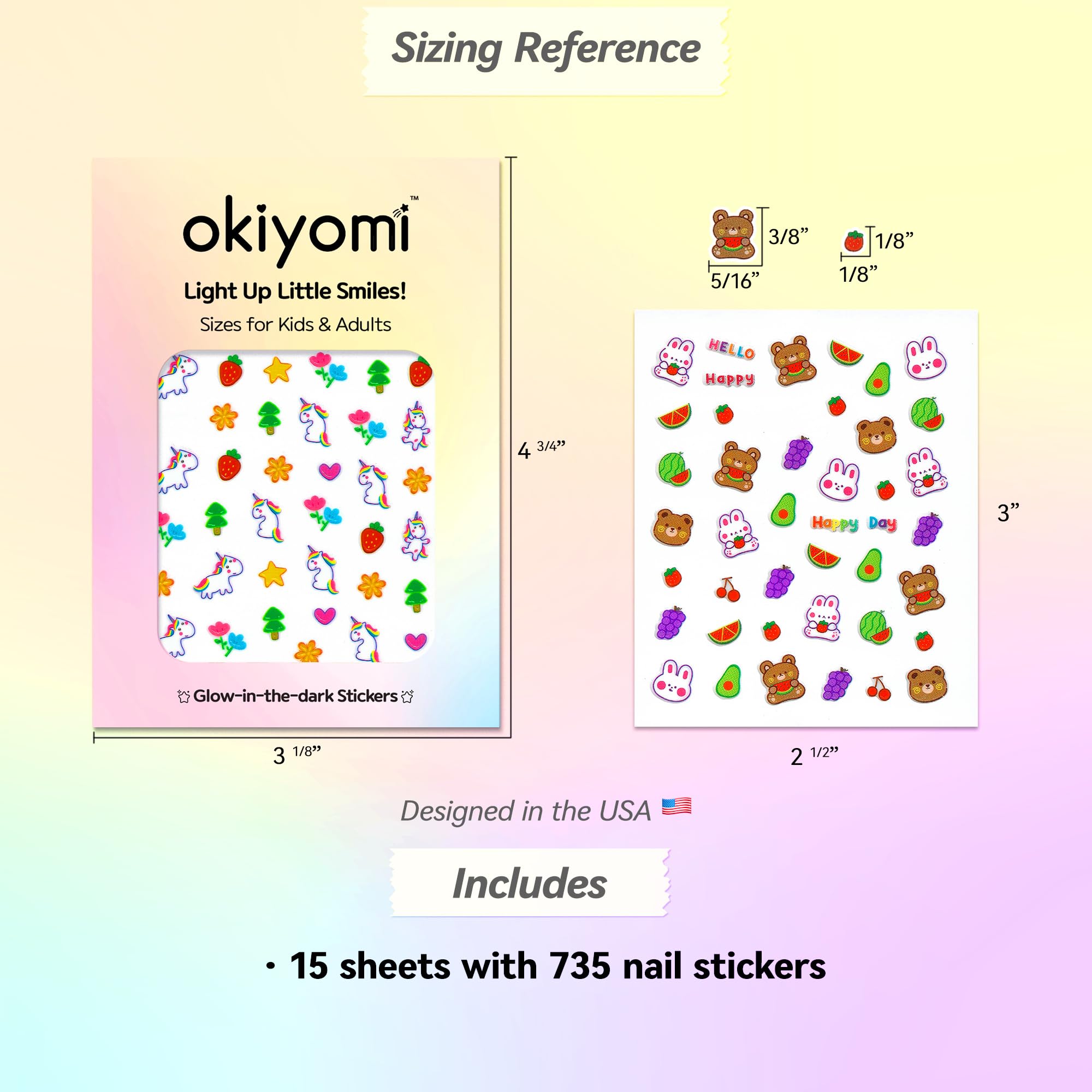 Close up of unicorn and bear nail stickers for girls