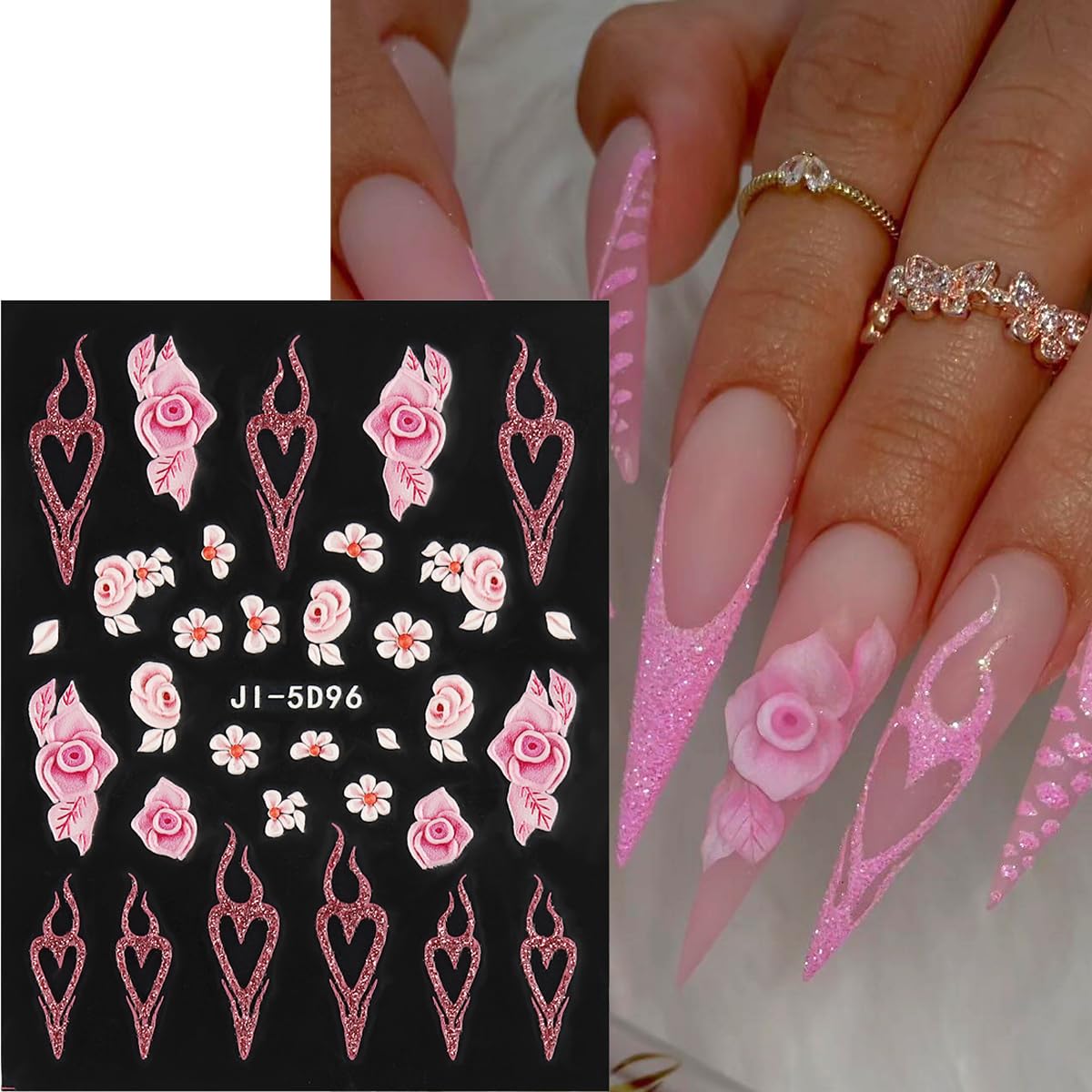 Application of white floral nail decals on manicured nails