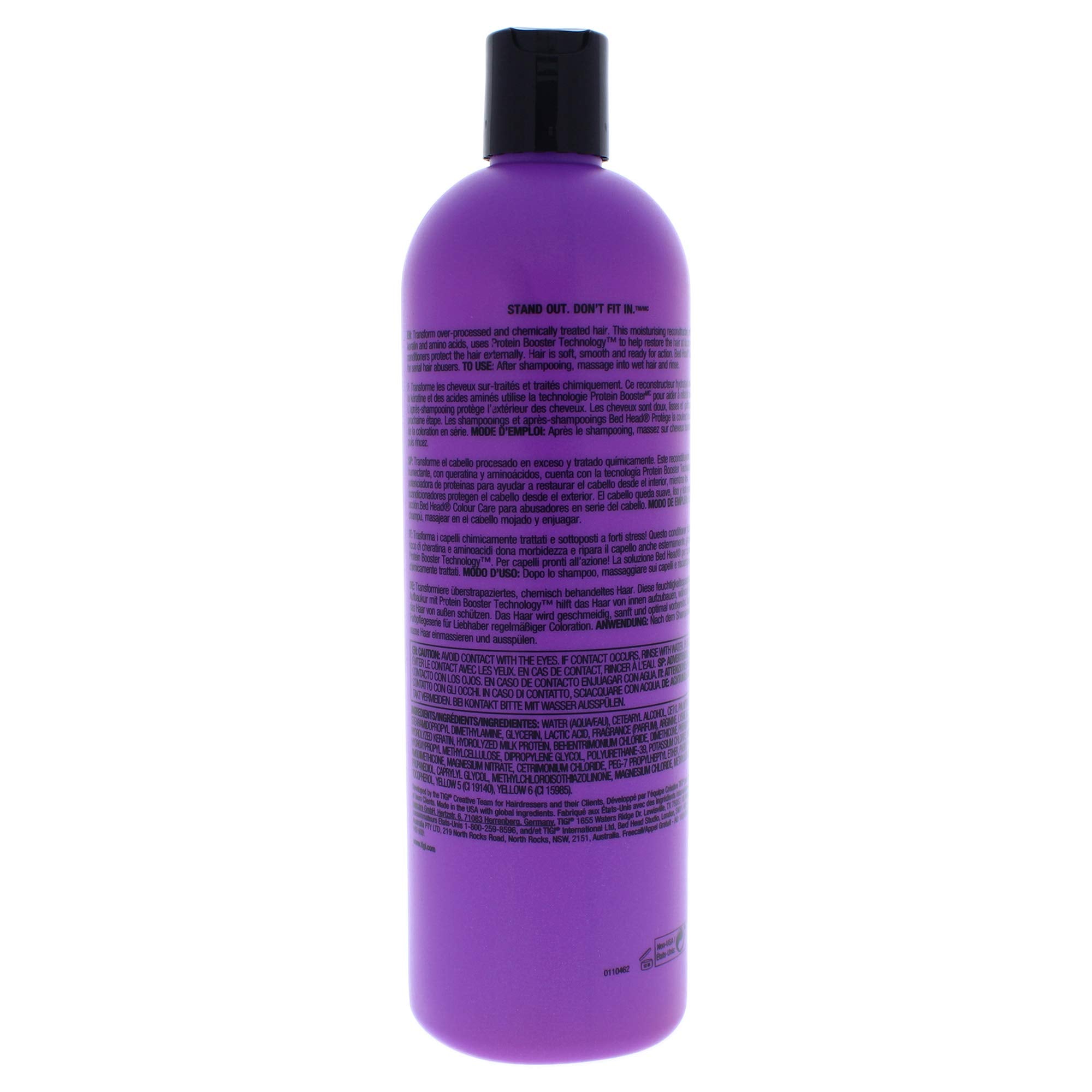 Back view of TIGI Bed Head 750ml deep conditioning protein mask showing ingredients list and usage directions